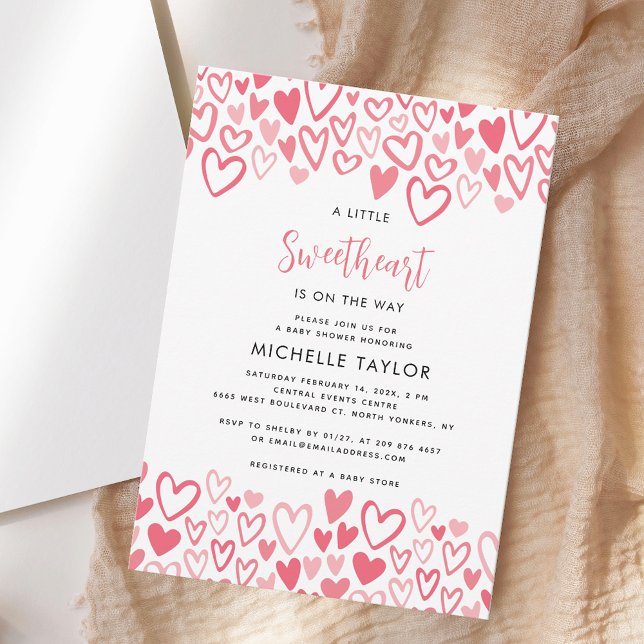A Little Sweetheart Pink Hearts Script Baby Shower Invitation (Little Sweetheart Pink Hearts Valentines Girl Baby Shower Invitation)