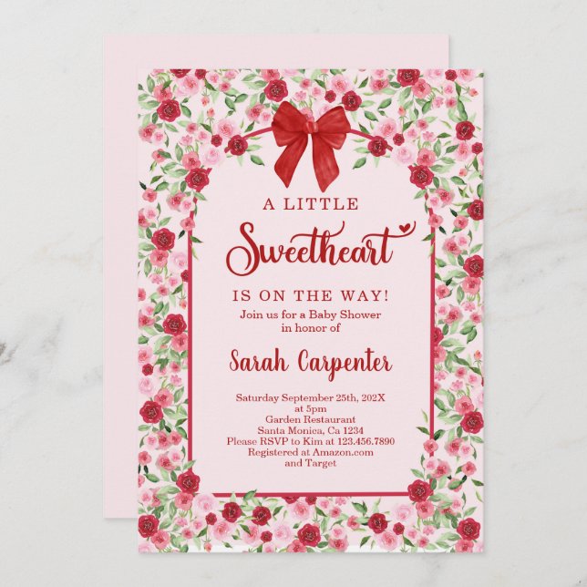 A Little Sweetheart Red Bow Baby Shower Girl Invitation (Front/Back)