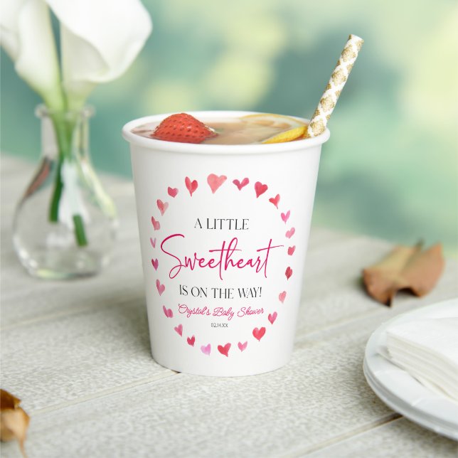 A Little Sweetheart Red Pink Hearts Baby Shower Paper Cups (Insitu)