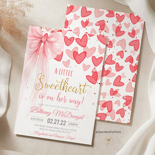 A Little Sweetheart Valentine Baby Is on her way  Invitation (sweetheart baby shower bow, valentine's  day ,baby shower invitation, birthday, valentine's party, h)