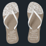A Little Treat For Your Dancing Feet Burlap & Lace Thongs<br><div class="desc">Celebrate in style with these trendy wedding flip flops. This design is easy to personalise with your own wording and your guests will be thrilled when they receive these fabulous party favours.</div>