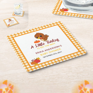 A Little Turkey Baby Shower Fall Thanksgiving  Square Paper Coaster
