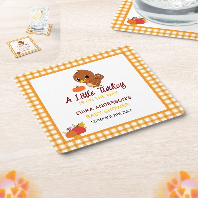 A Little Turkey Baby Shower Fall Thanksgiving  Square Paper Coaster (Creator Uploaded)