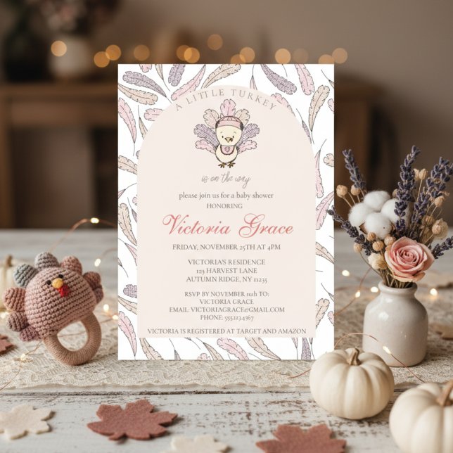 A Little Turkey is on the Way Autumn Baby Shower Invitation (Cute Fall Baby Shower Little Turkey Invitation for Thanksgiving Baby Girl Shower. Turkey & Feathers)