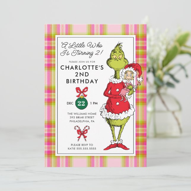 "A Little Who Is Turning 2!" Grinch Birthday Holiday Card (Standing Front)