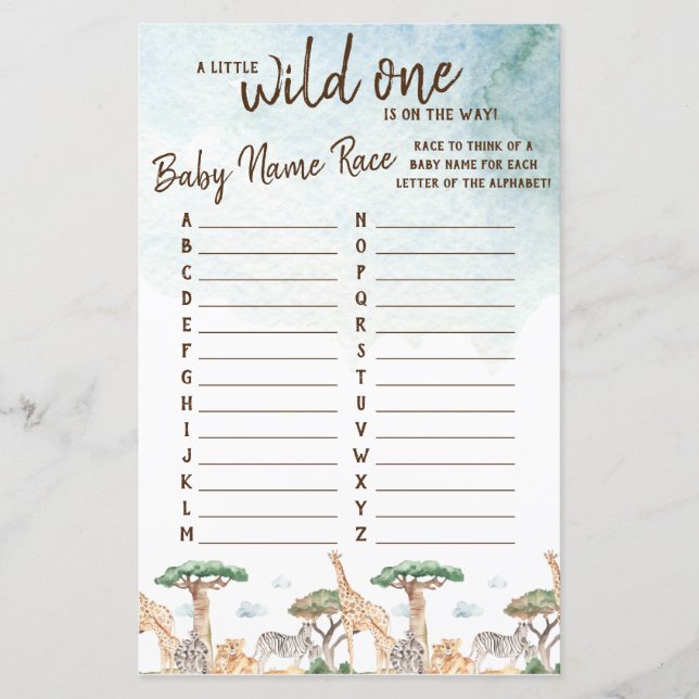 A Little Wild One Baby Name Race Baby Shower Game (Front)