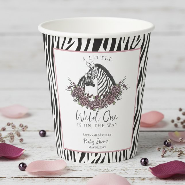 A Little Wild One Baby Shower Zebra Print Paper Cups (A Little Wild One Baby Shower Paper Cups for Mother to Be. Cute Wild Animals Zebra, Mauve Pink Roses)