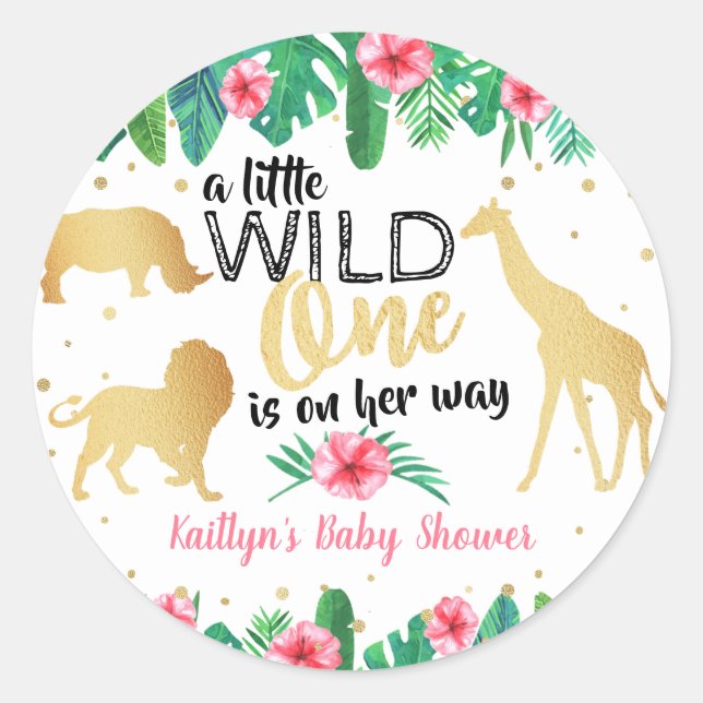 A Little Wild One Is On Her Way Girls Baby Shower Classic Round Sticker (Front)
