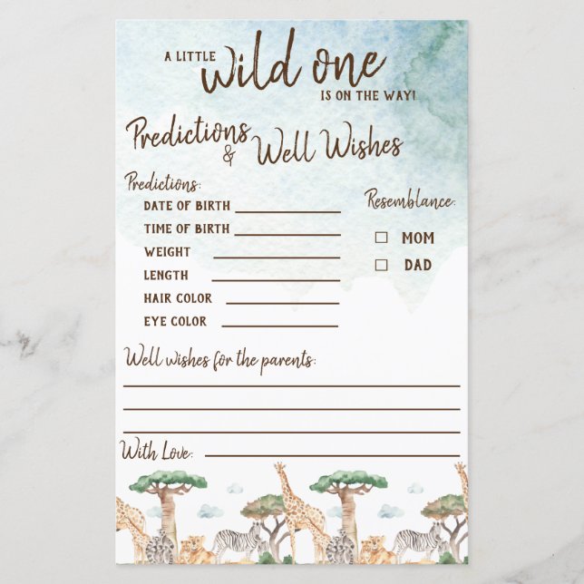 A Little Wild One Predictions & Well Wishes Game (Front)