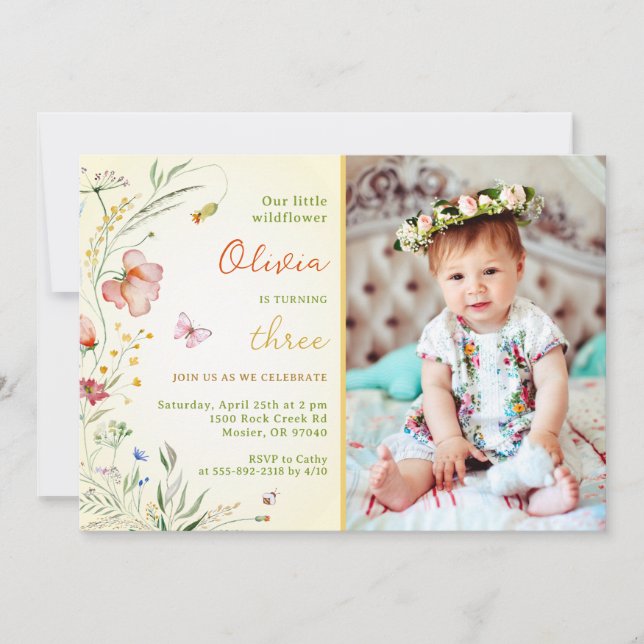 A Little Wildflower Baby Girl Kids Birthday Photo Invitation (Front)
