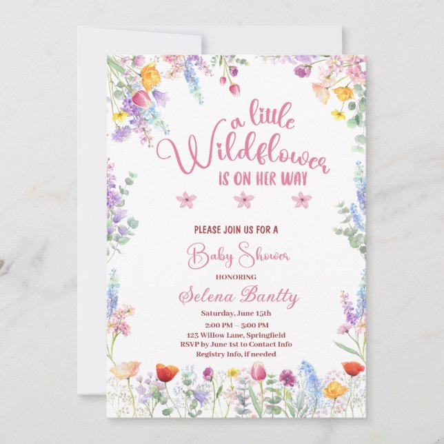 A Little Wildflower Baby Girl Shower Pink Invitation (Front)
