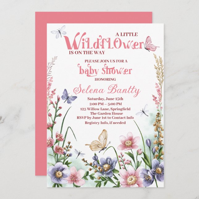 A Little Wildflower Baby Girl Shower Watercolor Invitation (Front/Back)