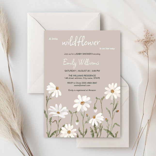 A little wildflower daisy baby shower invitation (Daisy wildflower watercolor baby in bloom floral shower invitation in beige colors, rustic, boho)