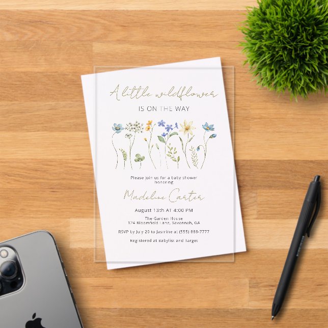 A Little Wildflower Floral Neutral Baby Shower Acrylic Invitations (Insitu (Invitation Card))