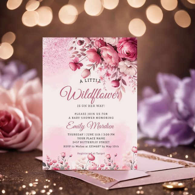 A Little Wildflower floral pink Girl Baby Shower Invitation (Creator Uploaded)