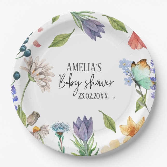 A Little Wildflower Girl Baby Shower White Paper Plate (Front)