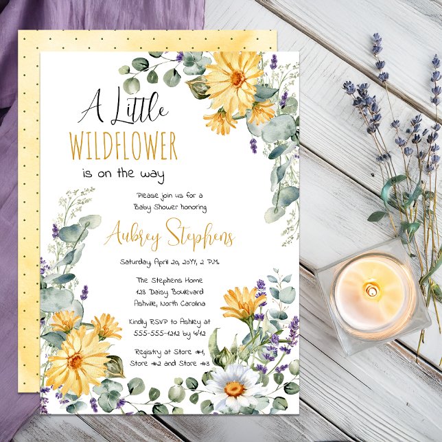 A Little Wildflower Is On The Way Girl Baby Shower Invitation (A Little Wildflower Is On The Way Daisies Eucalyptus and Lavender Floral Baby Shower Invitation)