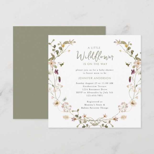 A Little Wildflower Is On The Way Sage Baby Shower Invitation (Front/Back)