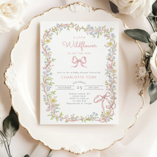 A Little Wildflower pink Bow frame Baby Shower Invitation