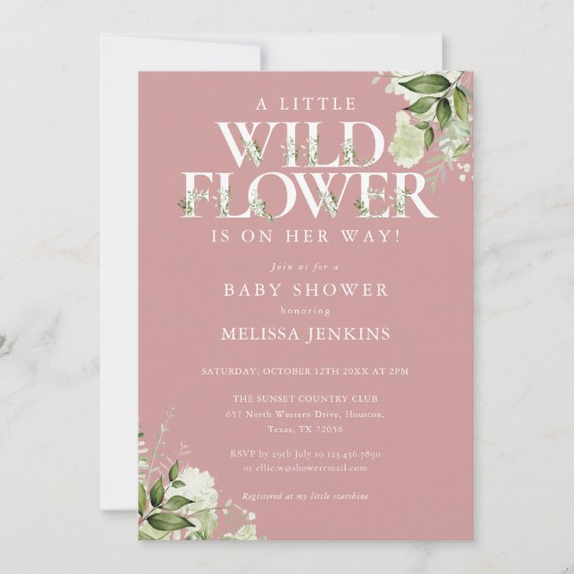 A Little Wildflower Pink Greenery Girl Baby Shower Invitation (Front)