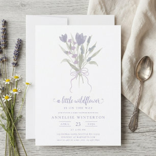 A Little Wildflower Purple Bow Baby Shower Invitation