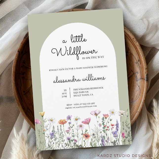 A Little Wildflower Sage Green Baby Shower Invitation (Front of the invitation shown in 5x7-inch. Choose size, paper, and corner style.
)