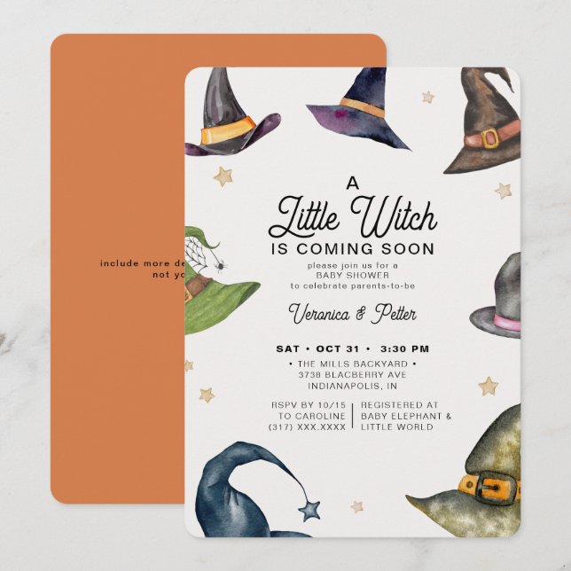 A Little Witch Girl Orange Halloween Baby Shower Invitation (Front/Back)