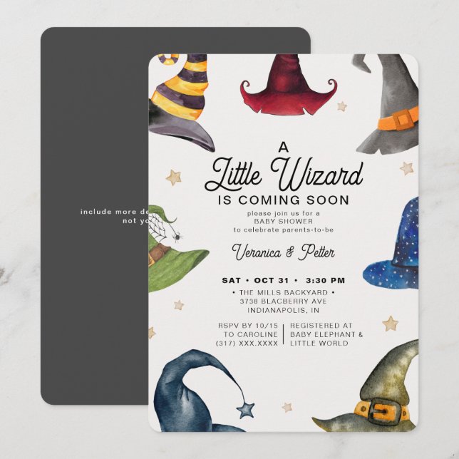 A Little Wizard Boy Grey Halloween Baby Shower Invitation (Front/Back)