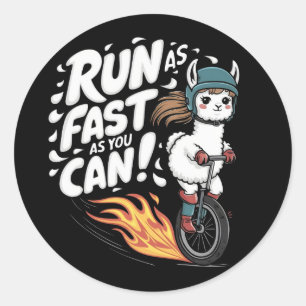 A llama riding a unicycle classic round sticker