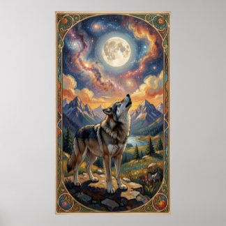 A lone wolf howls at a moon  poster