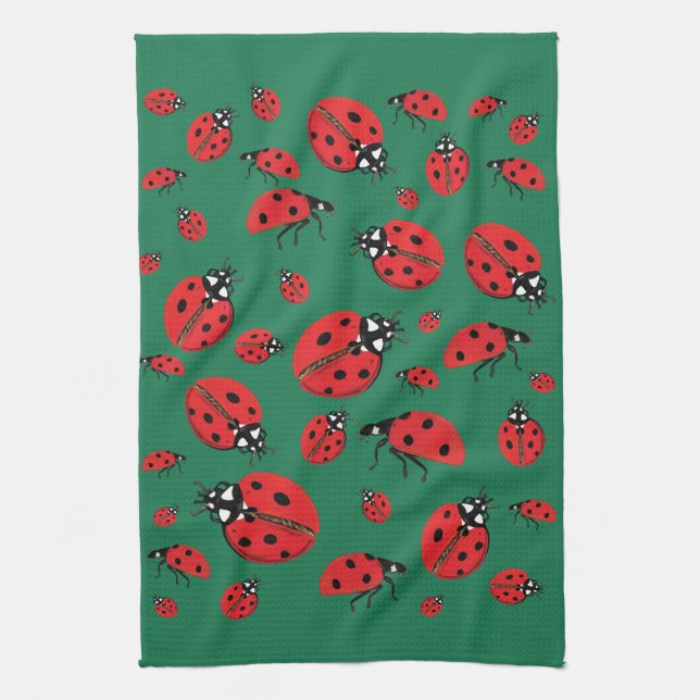 A lot of Ladybugs Lucky Pattern Green Tea Towel (Vertical)