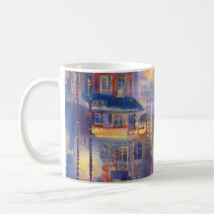 A lot of lights at the streetabstract background,a coffee mug