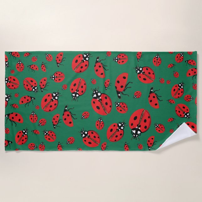 A lot of Red Ladybugs Lucky Pattern Green Beach Towel (Front)