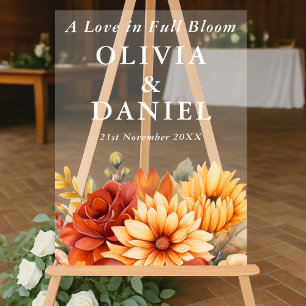 A Love in Full Bloom   Floral Fall Wedding Welcome Acrylic Sign