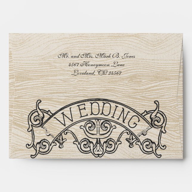 A Love Story Rustic Wood Grain Typography Wedding Envelopes (Back (Top Flap))