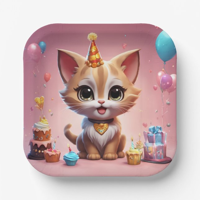 A lovely kitten celebrating his birthday paper plate (Front)