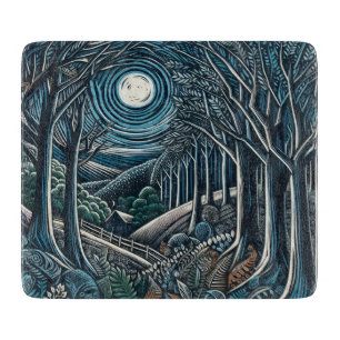 A lovely linoprint of a wood at night. cutting board