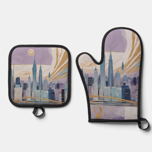 A Lunar Cityscape Oven Mitt & Pot Holder Set (Front)
