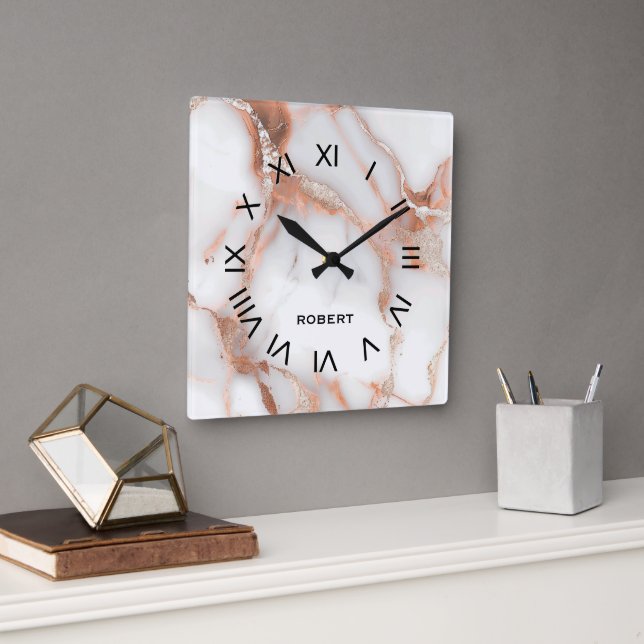A luxurious rose-gold marble background square wall clock (Office)