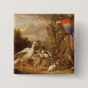 A Macaw, Ducks, Parrots and Other Birds in a Lands 15 Cm Square Badge