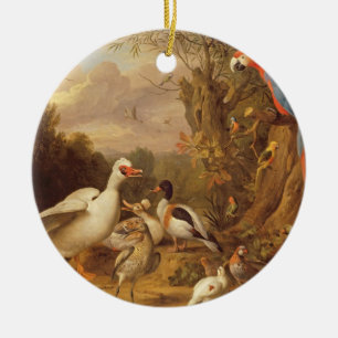 A Macaw, Ducks, Parrots and Other Birds in a Lands Ceramic Tree Decoration