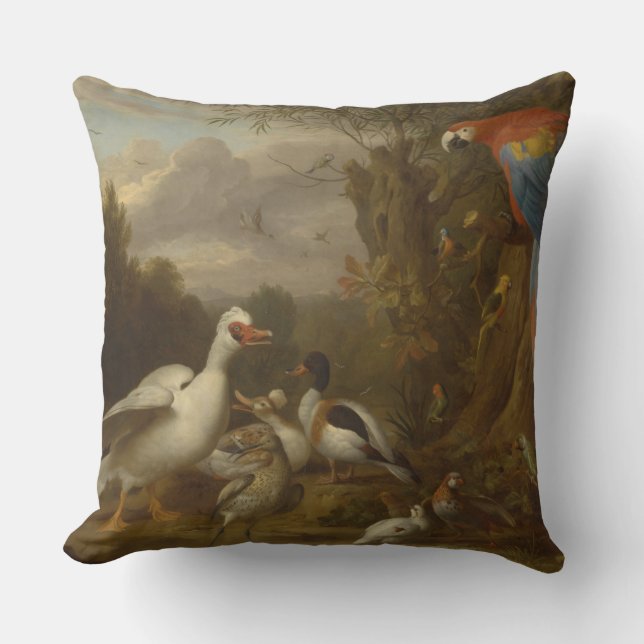 A Macaw Ducks Parrots and Other Birds in a Landsca Cushion (Front)