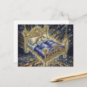 A Magical Bed Above City Fantasy Sleeping Couple Postcard