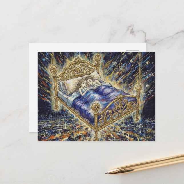 A Magical Bed Above City Fantasy Sleeping Couple Postcard (Front/Back In Situ)