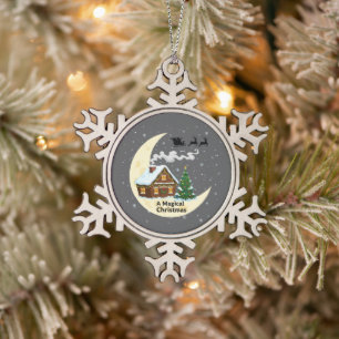 A Magical Christmas Whimsical Santa Sleigh Snowflake Pewter Christmas Ornament