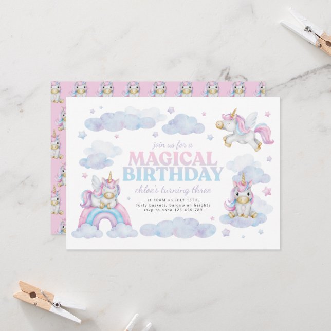A Magical Day Pastel Rainbow Unicorn Birthday Invitation (Front/Back In Situ)