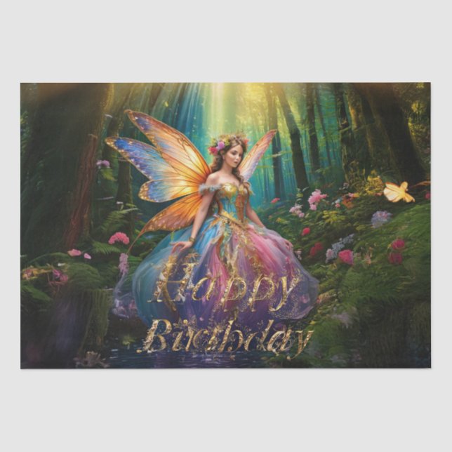 A magical fairy enchanted forest Happy Birthday Tissue Paper (Front)