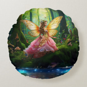 A magical fairy in the woodland forest round cushion