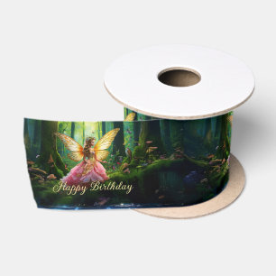 A magical fairy woodland forest Happy Birthday Satin Ribbon