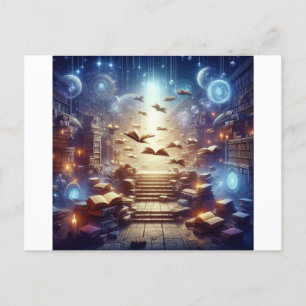 A magical library filled with floating books postcard
